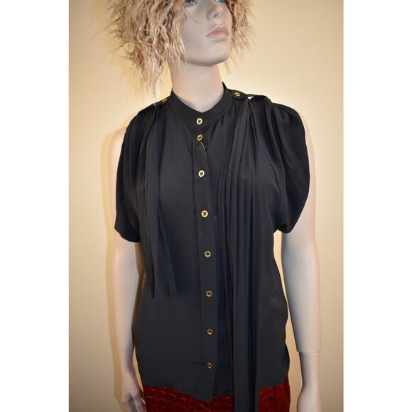 NWT GUCCI 221783 SILK BLACK SLEEVELESS GOLD BUTTON TIE DRESS BLOUSE 46 ITALY - Picture 2 of 12